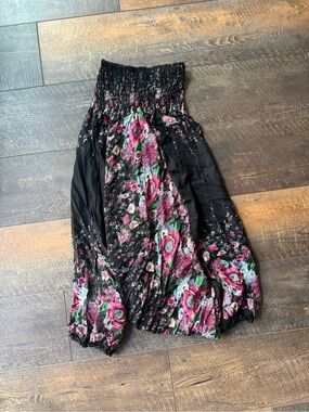 Black Floral Smocked Jumpsuit with Pink & Teal Blooms